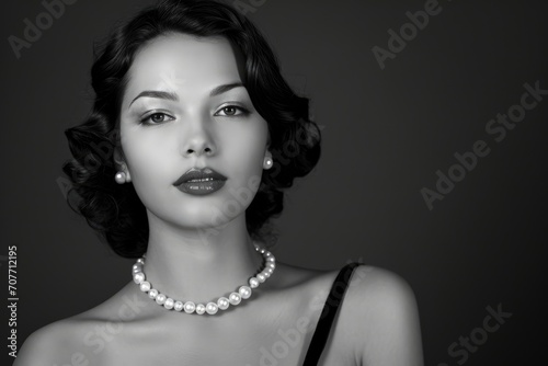 Elegant studio portrait of a young Latina woman in a classic evening gown  with a pearl necklace  isolated on a sophisticated monochrome background