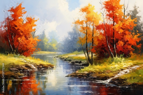 Oil painting landscape of a serene autumn forest near the river with orange leaves and reflections