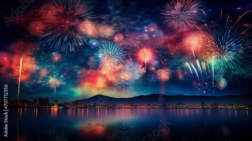 A celebratory fireworks display lighting up the night sky in vibrant colors
