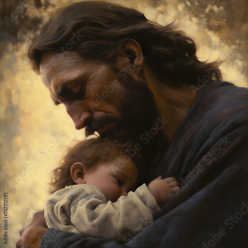 In this exquisitely portrayed work of art, Jesus lovingly cradles an innocent baby in his arms, infusing the entire scene with his characteristic artistic elements of careful arrangement. photo