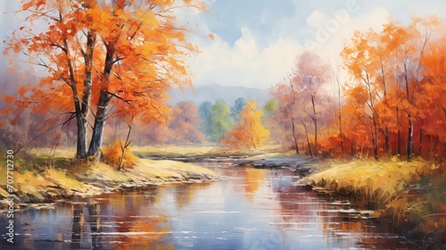 Oil painting landscape of a serene autumn forest near the river with orange leaves and reflections © Ameer