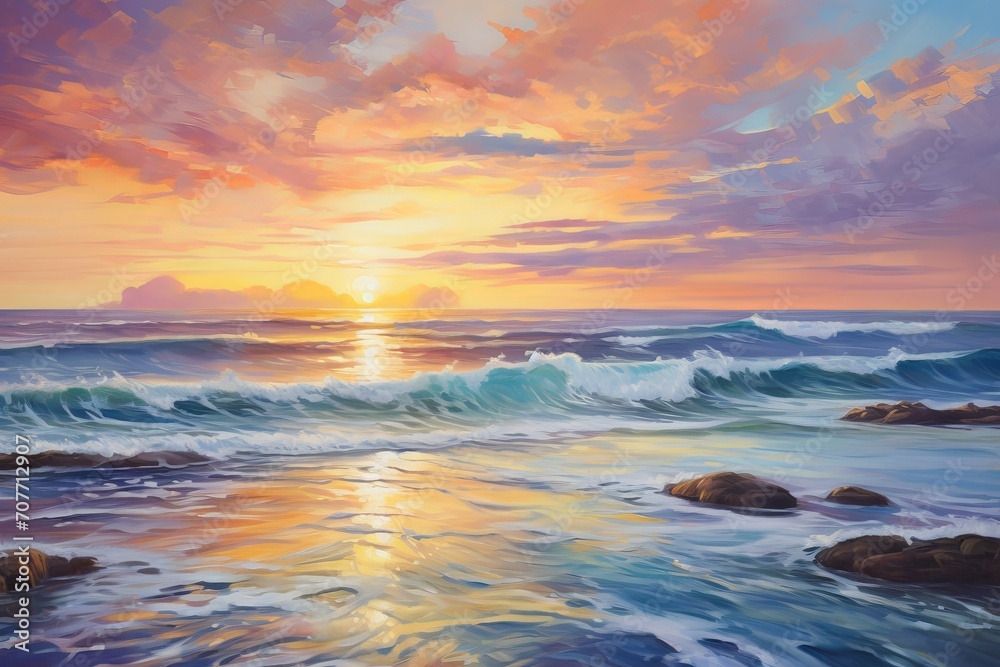Fototapeta premium Oil painting of the sea, multicolored sunset on the horizon, watercolor: a photo of a vibrant and artistic ocean view