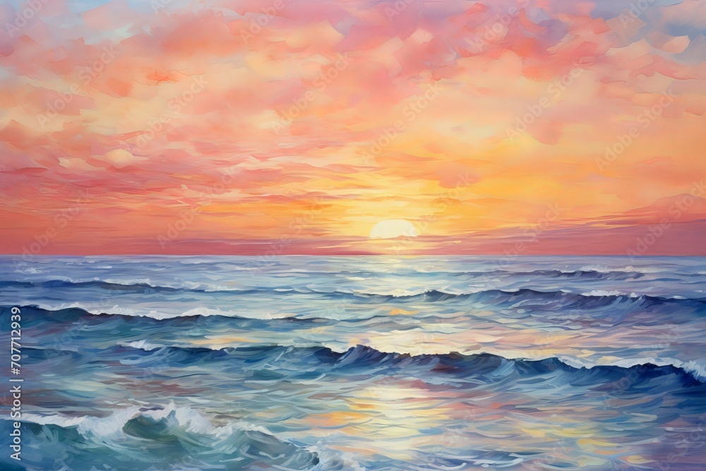 Oil painting of the sea, multicolored sunset on the horizon, watercolor: a photo of a vibrant and artistic ocean view