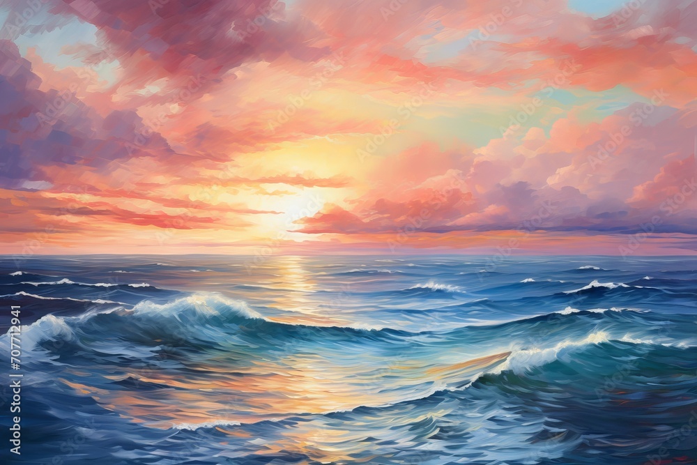 Oil painting of the sea, multicolored sunset on the horizon, watercolor: a photo of a vibrant and artistic ocean view