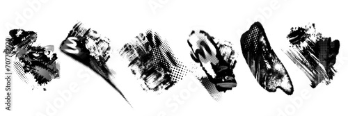 Glitch distorted noise destroyed horizontal cut out shapes set  . Trendy defect halftone stamp. Vector black shape overlay. photo