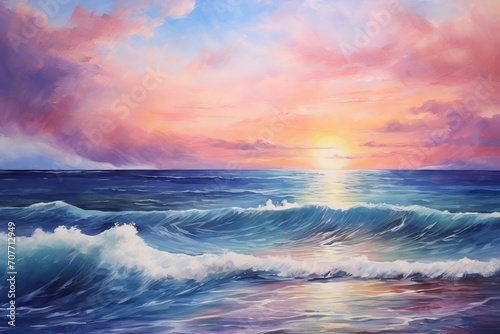 Oil painting of the sea, multicolored sunset on the horizon, watercolor: a photo of a vibrant and artistic ocean view