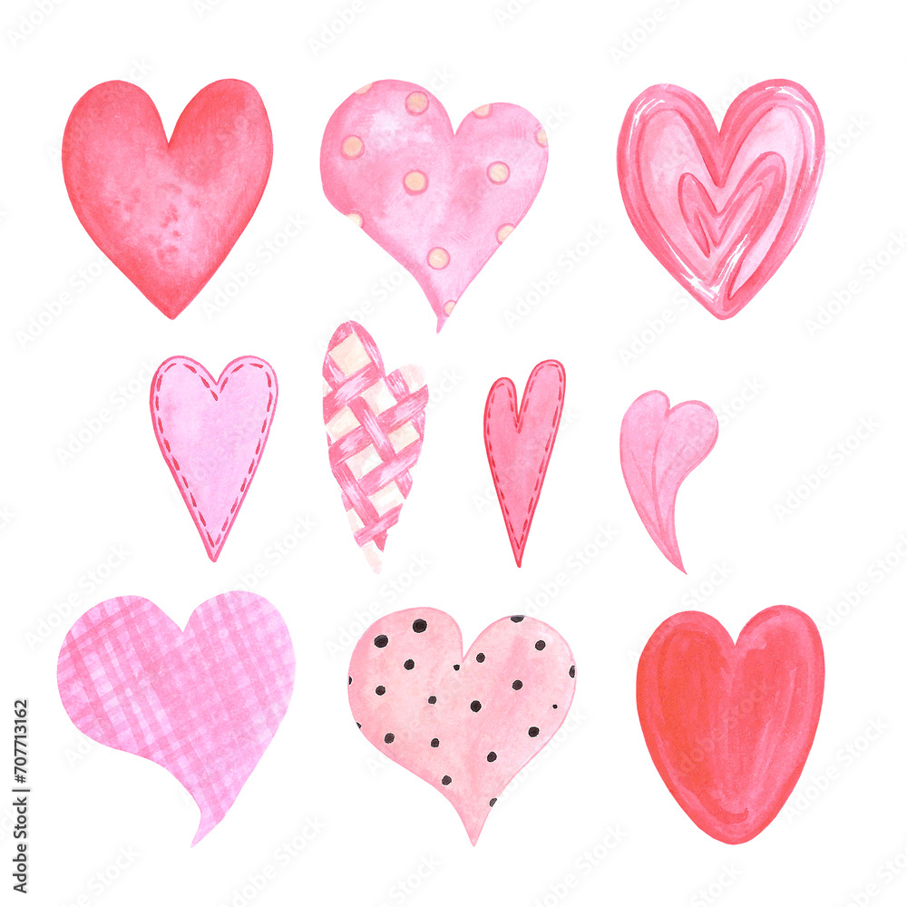 Hand drawn watercolor pink and red hearts isolated on white background. Can be used for cards, album, poster and other printed products.