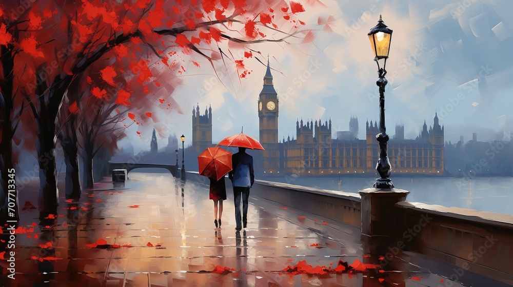 Oil painting of a london street scene with big ben, a couple under a red umbrella, a tree, a bridge, and a river - obrazy, fototapety, plakaty 