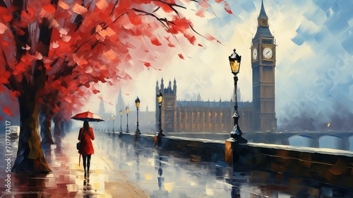 Oil painting of a london street scene with big ben, a couple under a red umbrella, a tree, a bridge, and a river
