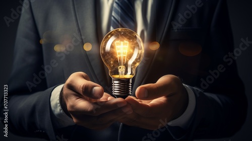 business man holding a light idea bulb in his hands