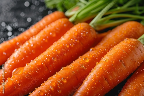 Close-up, several carrots with water droplets on them. photo
