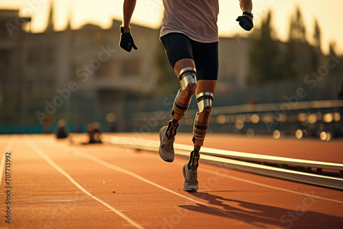 athlete with handicap with prosthetic legs at the stadium