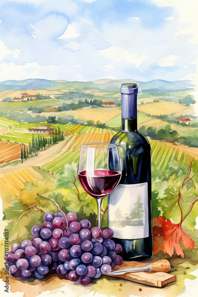 Grapes and Vines: Watercolor Landscape with Red Wine Elements in Illustration