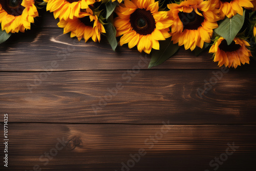 Sunflowers on a wooden background. Flat lay, top view