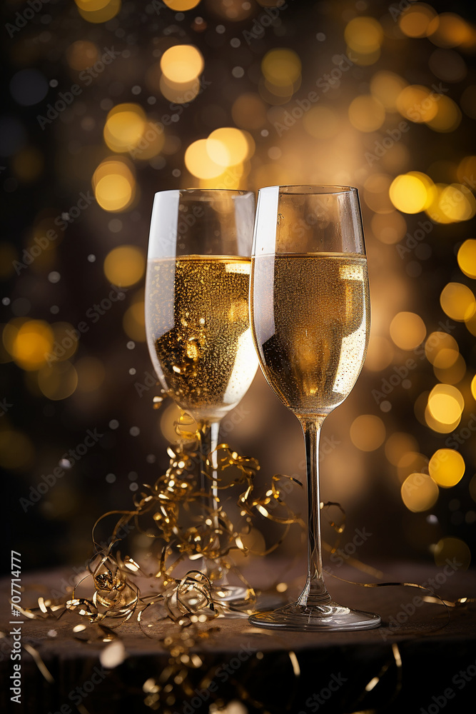 New Year's Elegance: Sparkling Champagne with Gold Bokeh for Festive Celebrations New Year's Elegance: Sparkling Champagne with Gold Bokeh for Festive Celebrations