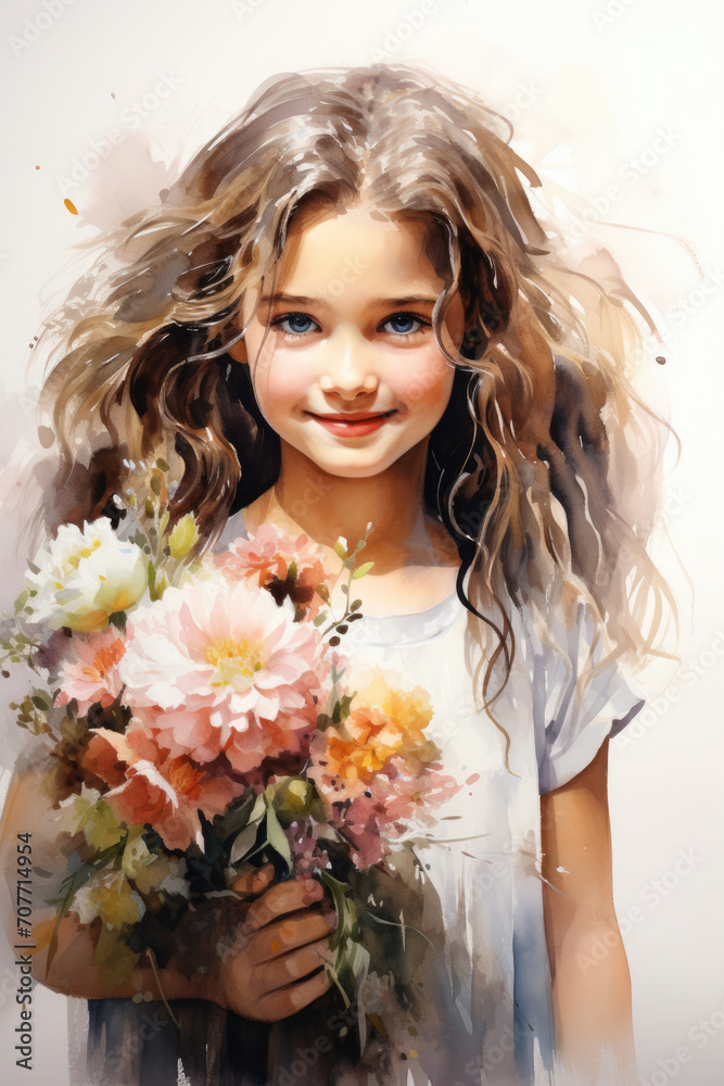 Girl with a bouquet of flowers in watercolor style Girl with a bouquet of flowers in watercolor style