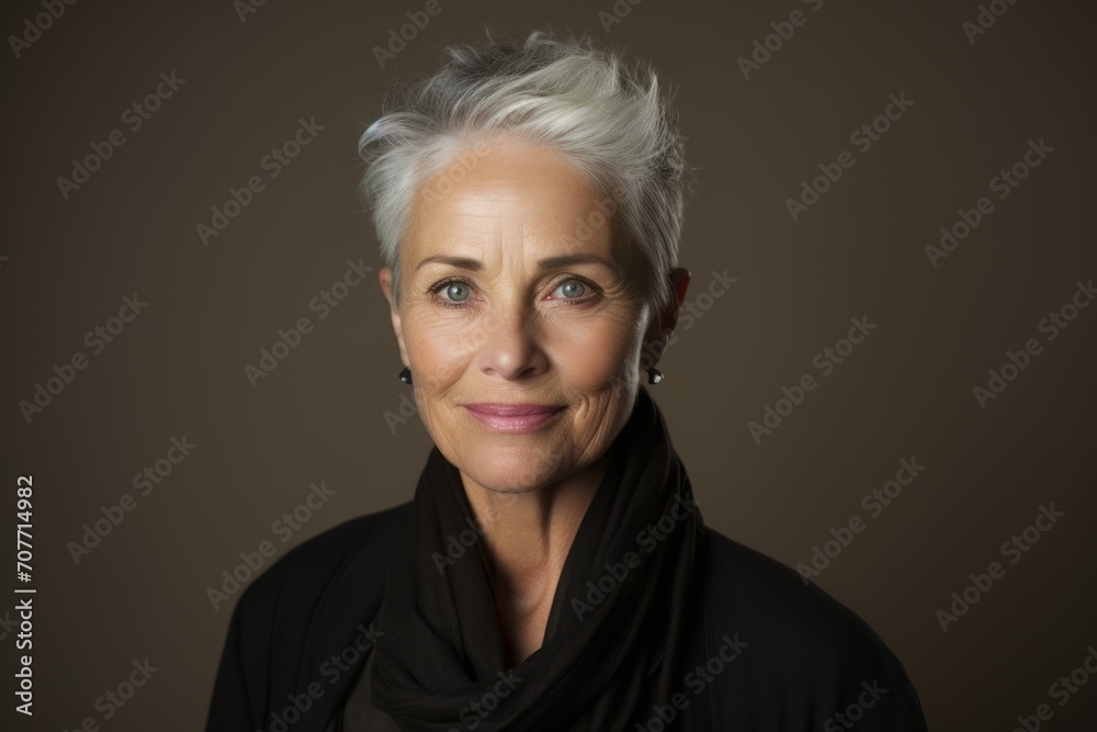 Portrait of a beautiful senior woman smiling at the camera on a dark background