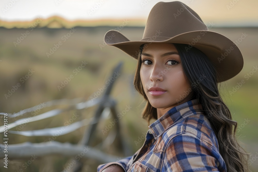 Rustic studio portrait of a young Latina woman in country attire, with a cowboy hat, isolated on a rural farmland background