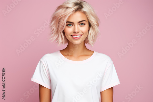 blonde in a white t-shirt on a pink background