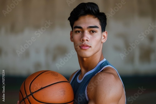 Sporty studio portrait of a young Latino man in basketball attire, holding a basketball, isolated on a court background