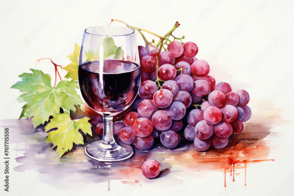 Grape brushes and a glass of wine in watercolor style