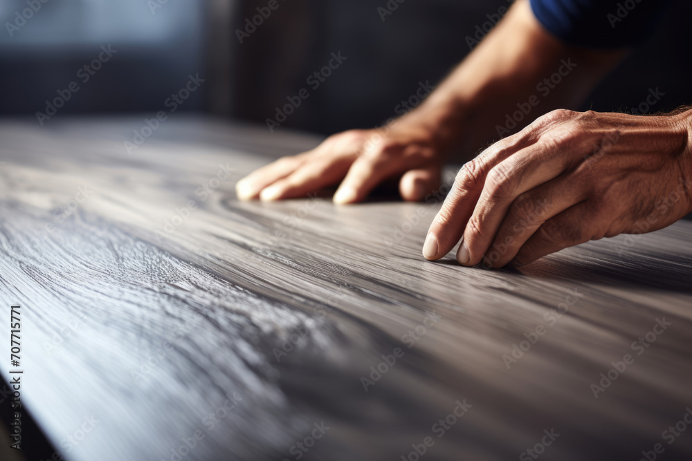 Worker hands installing wooden laminate floor - obrazy, fototapety, plakaty 