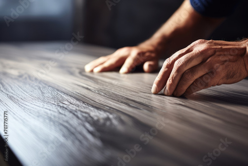 Worker hands installing wooden laminate floor