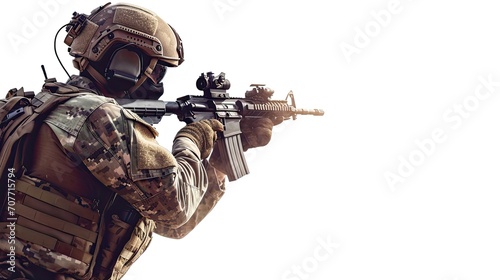 A american military army special force soldier with camouflage helmet and a rifle gun in hands shooting shots isolated on white background.