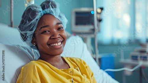 A happy smiling black african american patient in a clinic hospital room on a bed receiving good news.
