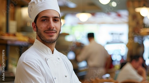 A handsome young italian american chef cook with white uniform standing. Blurry food restaurant kitchen in the background.