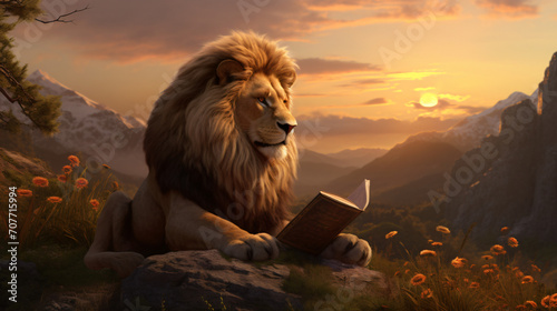 Lion reading a book in the mountains at sunset