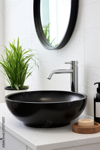 Minimalist Elegance: Black Ceramic Vessel Sink and Chrome Faucet on White Vanity Close-Up