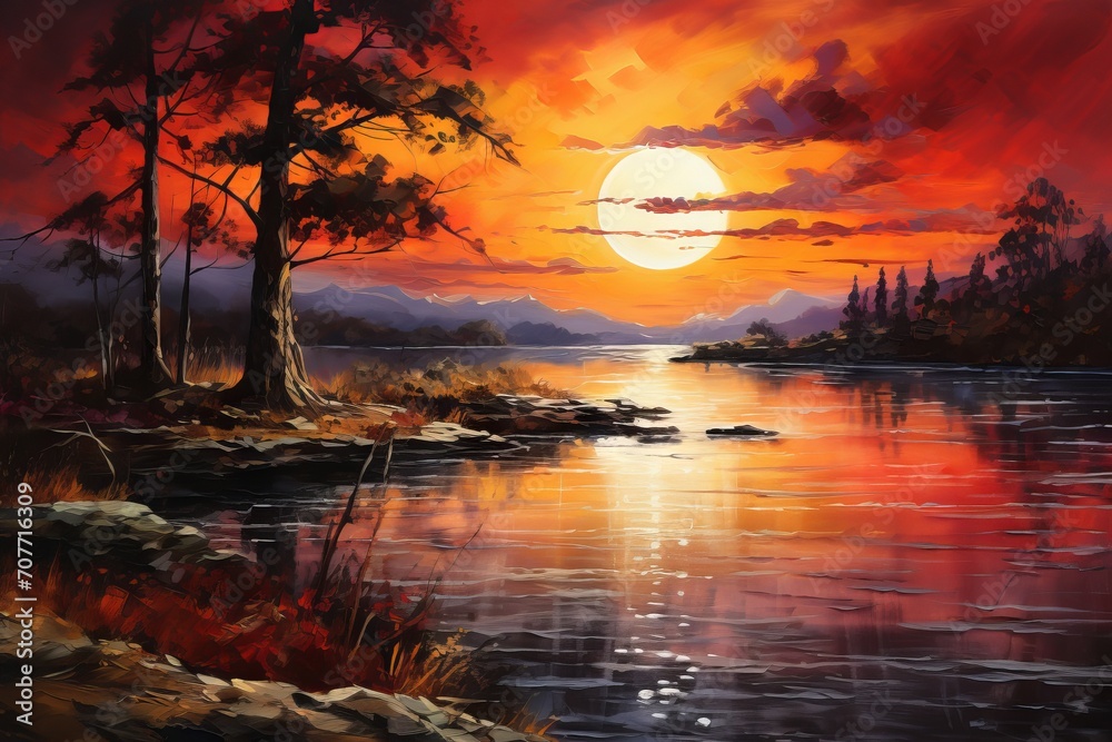 Painting of a peaceful lake scene with a glowing sunset and reflections on the water