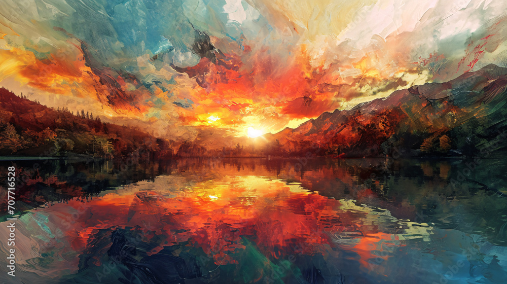 Mountain landscape with lake and forest at sunset. Digital painting.