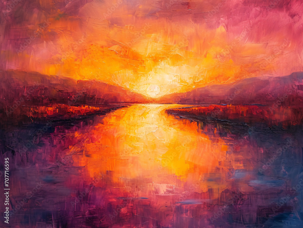 abstract colorful painting of sunrise over the lake with reflection in water