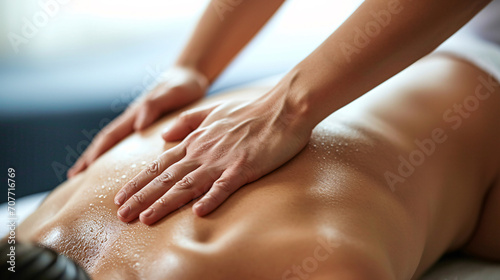 Close-up of female hands massaging female back in spa salon
