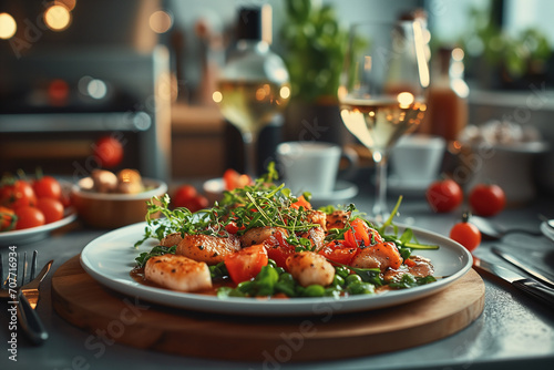 Baked salmon garnished healthy food salad salmon Out door dinner concept