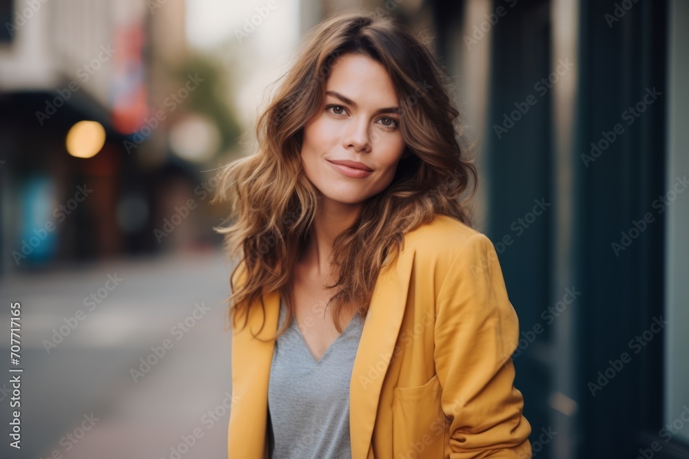 Portrait of a beautiful young woman in a yellow coat on the street