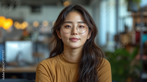 Portrait d'une femme coréenne avec des lunettes et pull ocre. Portrait of a Korean woman with glasses and ocher sweater. photo