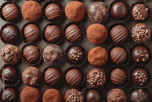 A variety of chocolates in different shapes and sizes are arranged in a pattern on a dark surface. background
