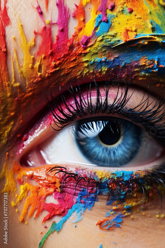 Eye-catching Glamour: Detailed View of Golden Eye in Marble with Bold Multicolored Makeup