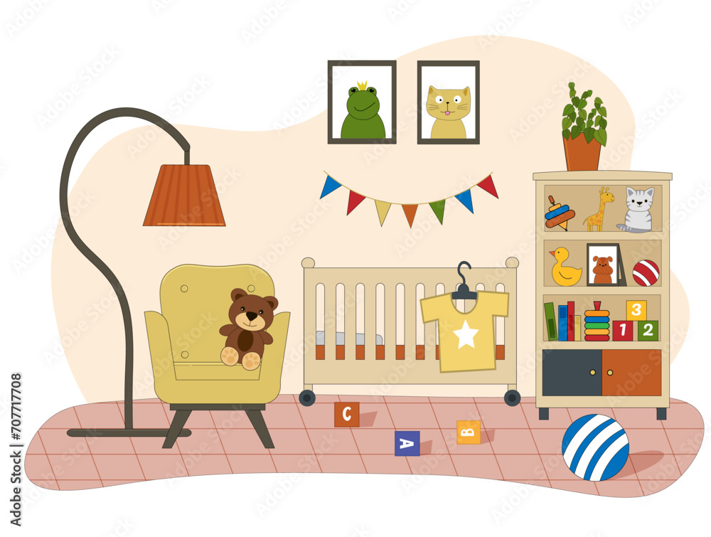 Interior of a room for a newborn. A bed for a baby, toys and a wardrobe, an armchair with a floor lamp. Vector flat illustration. For use on covers, flyers, social networks and furniture stores, in Interior of a room for a newborn. A bed for a baby, toys and a wardrobe, an armchair with a floor lamp. Vector flat illustration. For use on covers, flyers, social networks and furniture stores, in
