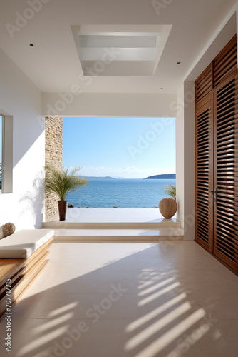 Ocean Breeze Entryway: Louvered Door, Stone Tiled Floor, and Sea Horizon in Modern Coastal Design © pierre