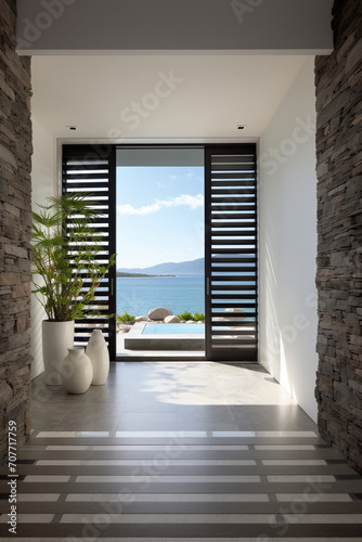 Seaside Welcome  Coastal Interior Design with Louvered Door and Sea View in Modern Entrance Hall