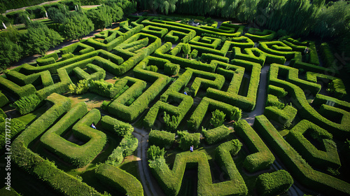 Aerial view of a large intricate maze garden with symmetrical hedges and walking paths.