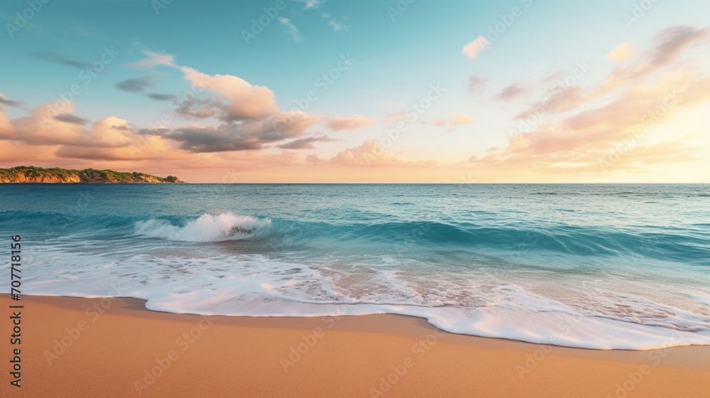 A serene beach setting with golden sands and waves gently rolling in A serene beach setting with golden sands and waves gently rolling in
