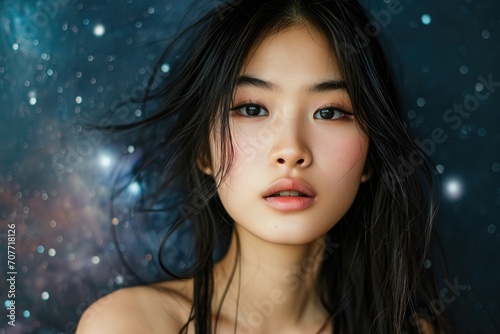 Studio portrait of a young Asian female model with a dreamy celestial stars background © furyon
