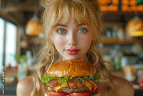 Portrait Beautiful woman eating hamburger