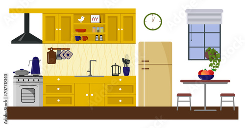 Modern kitchen interior design with window. Kitchen utensils, table and stools, refrigerator and wall cabinets, stove, accessories. Utensils for cooking. Vector flat illustration. For advertising