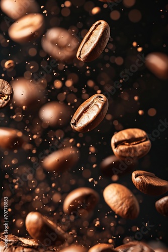 a close-up of coffee beans in various shades of brown  with some falling in different directions. The background is a dark brown color.